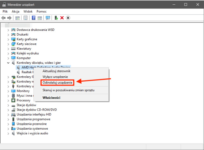 deinstalacja - urządzenie domyślne audio